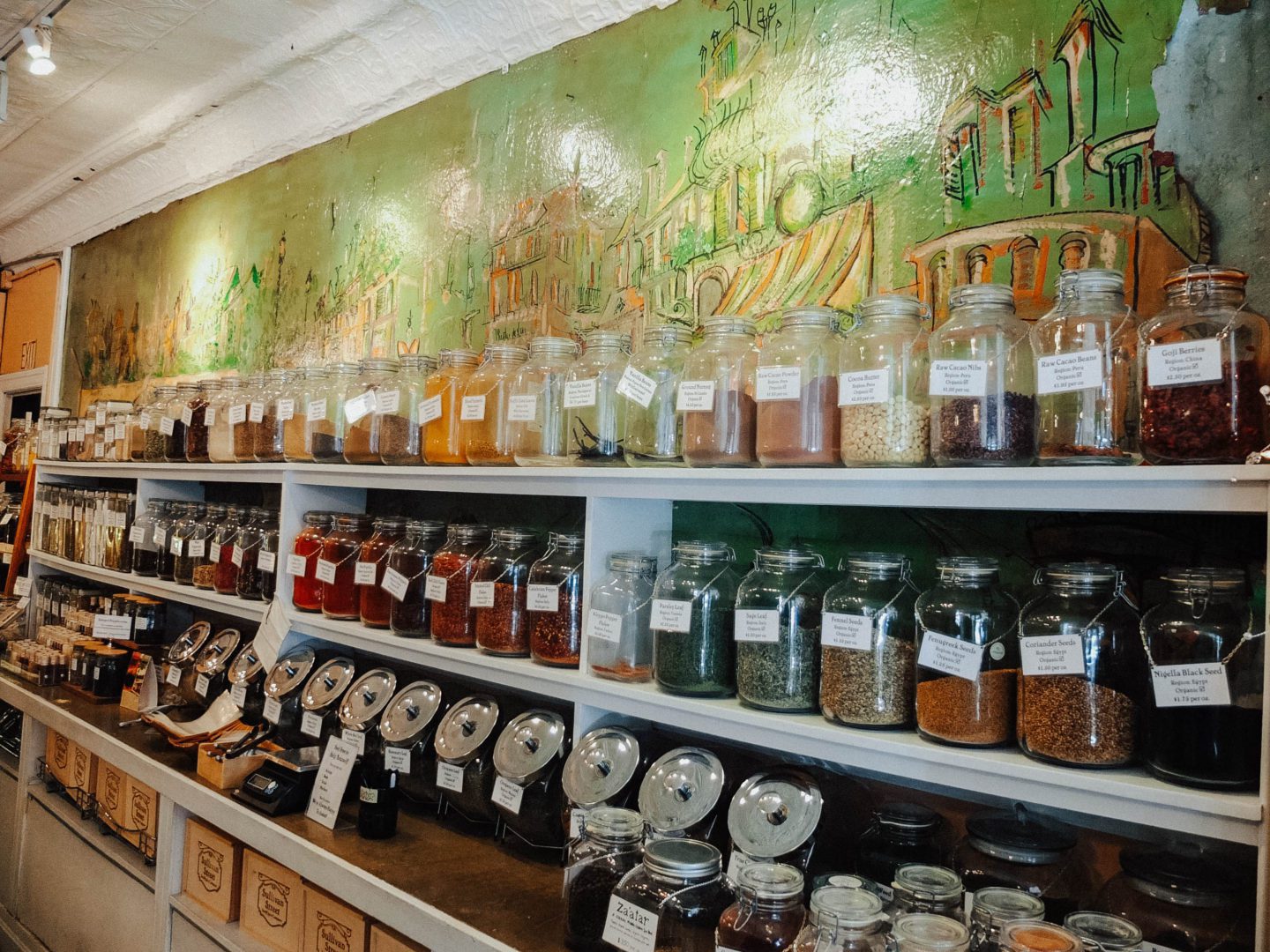 lots of spices in jars lined up along a wall