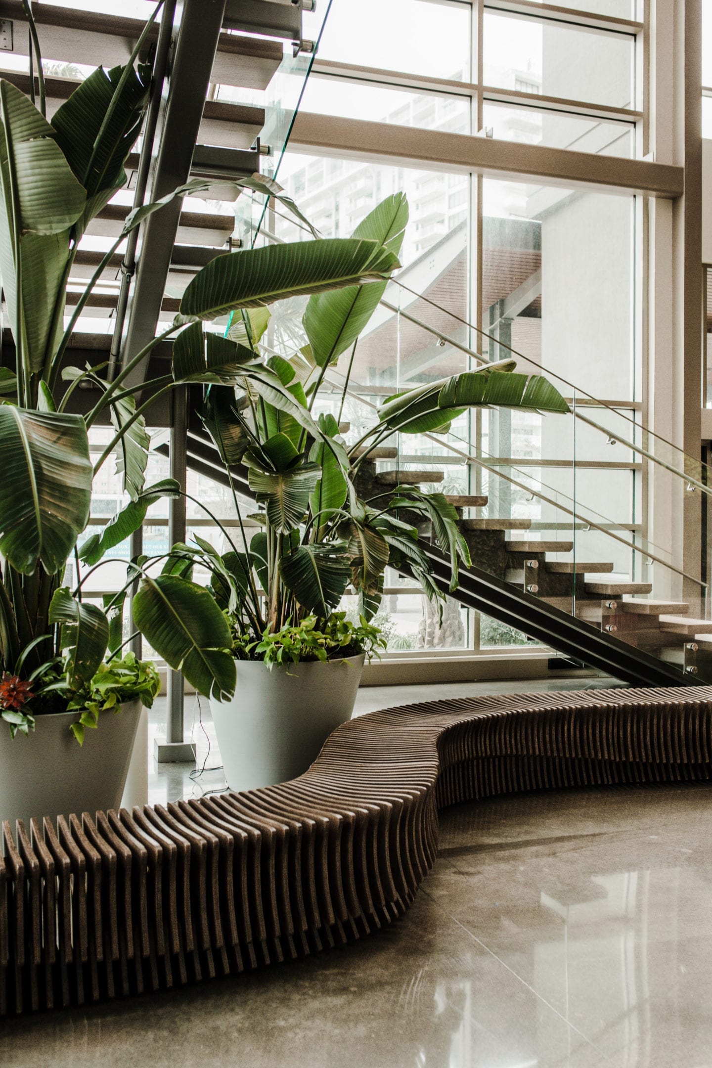 seating & plants under a stairwell