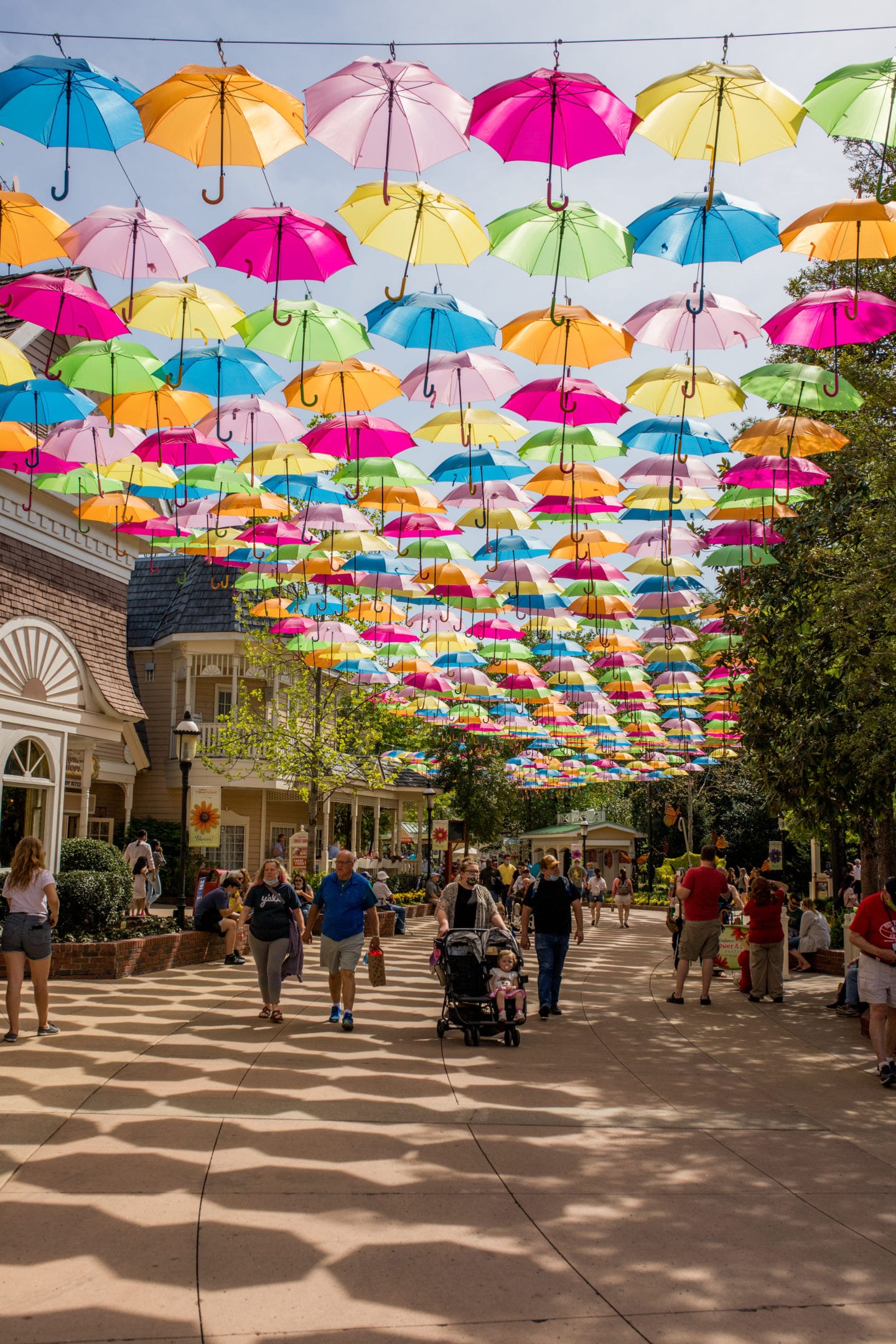 Dollywood Showstreet with colorful umbrellas 