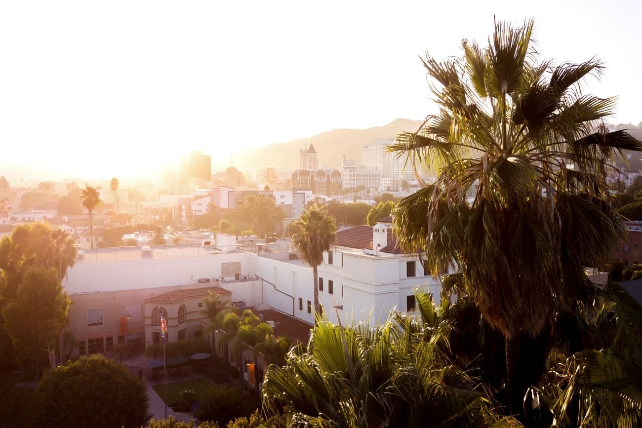 Los Angeles city skyline at sunset