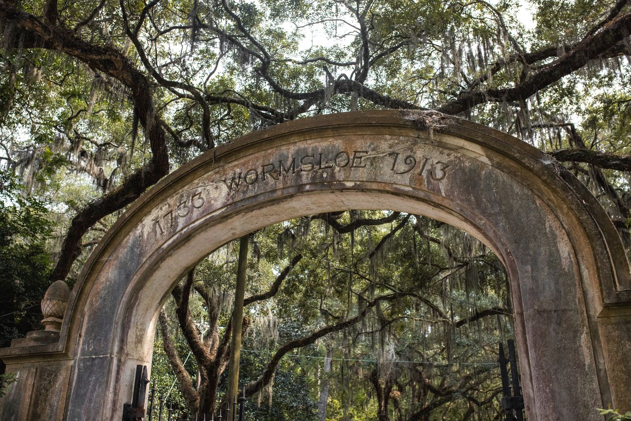 Wormsole Historic Site entrance stone archway, day trip to savannah georgia