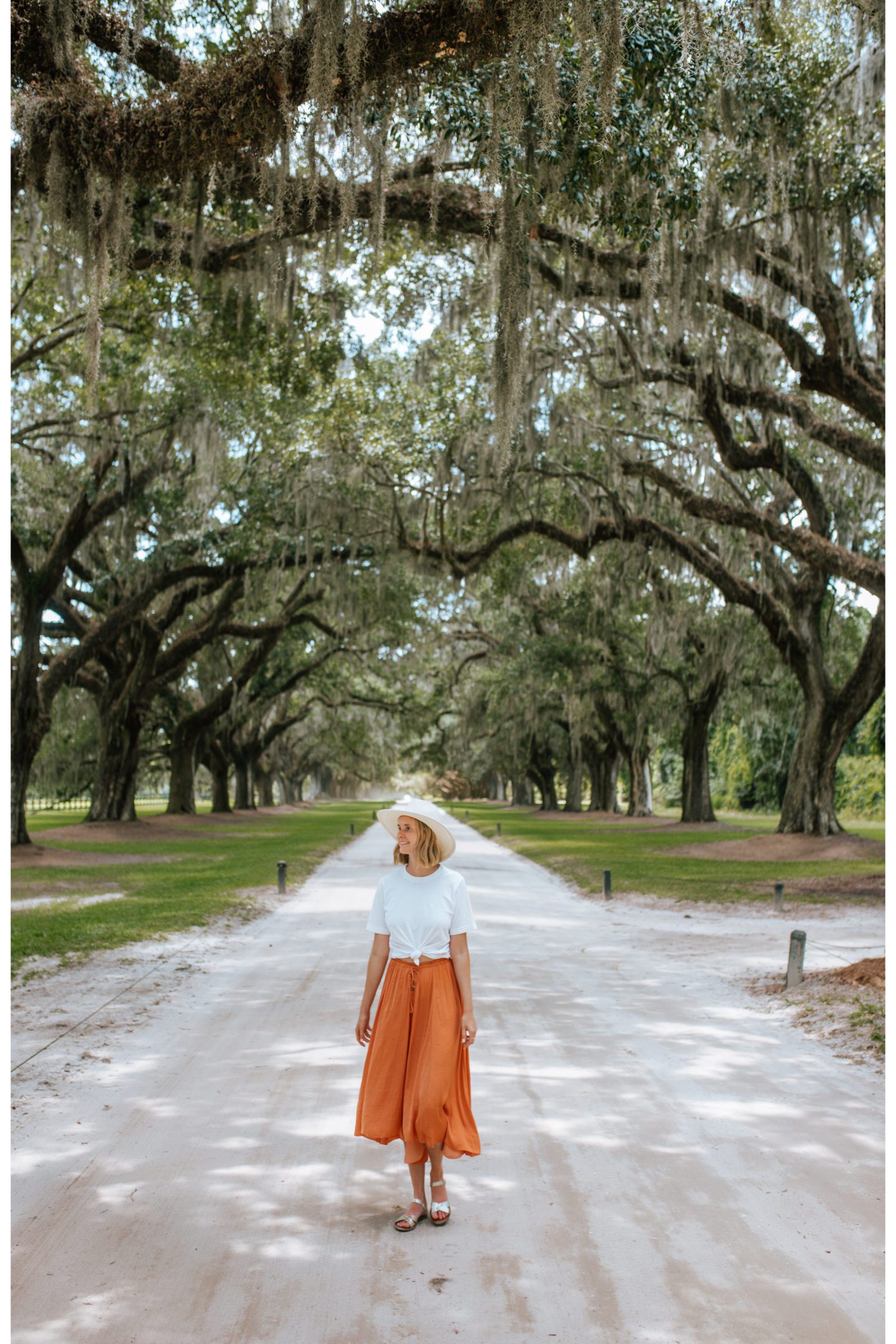 girl walking down a path through an alley of oak trees