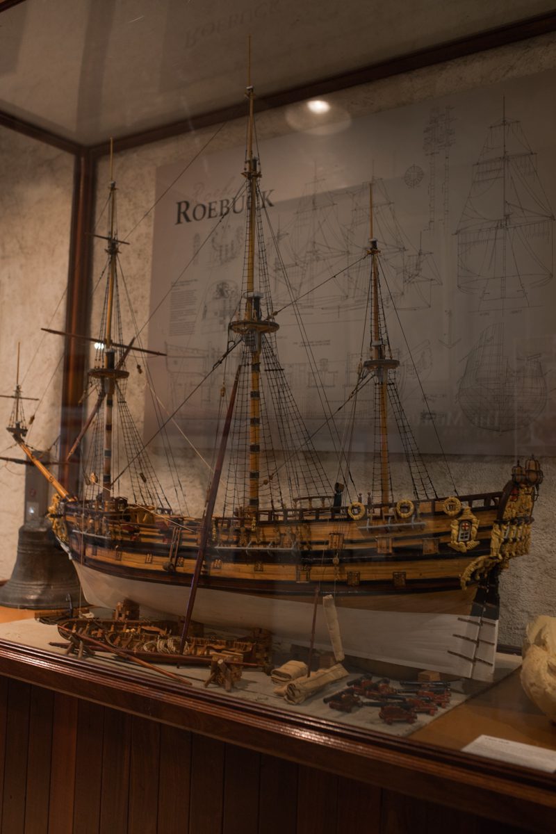 WA Shipwreck Museum, a fishing boat model in a glass display case