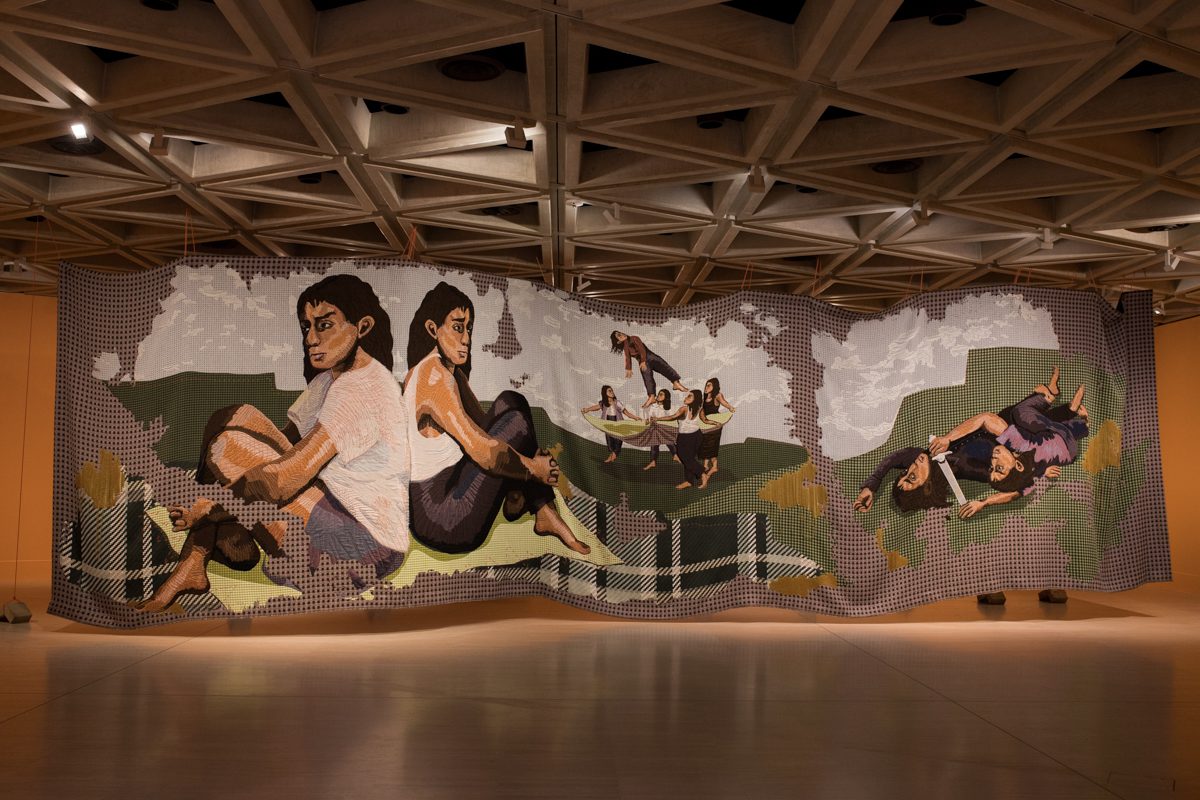 Things to do in Perth for free, a large quilted tapestry hung in a art exhibit gallery