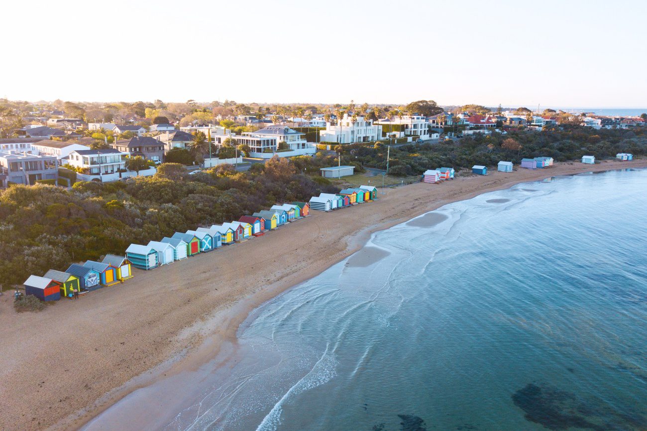 Arial short of the Brighton Bathing Boxes on the beach, things to do in st kilda melbourne 